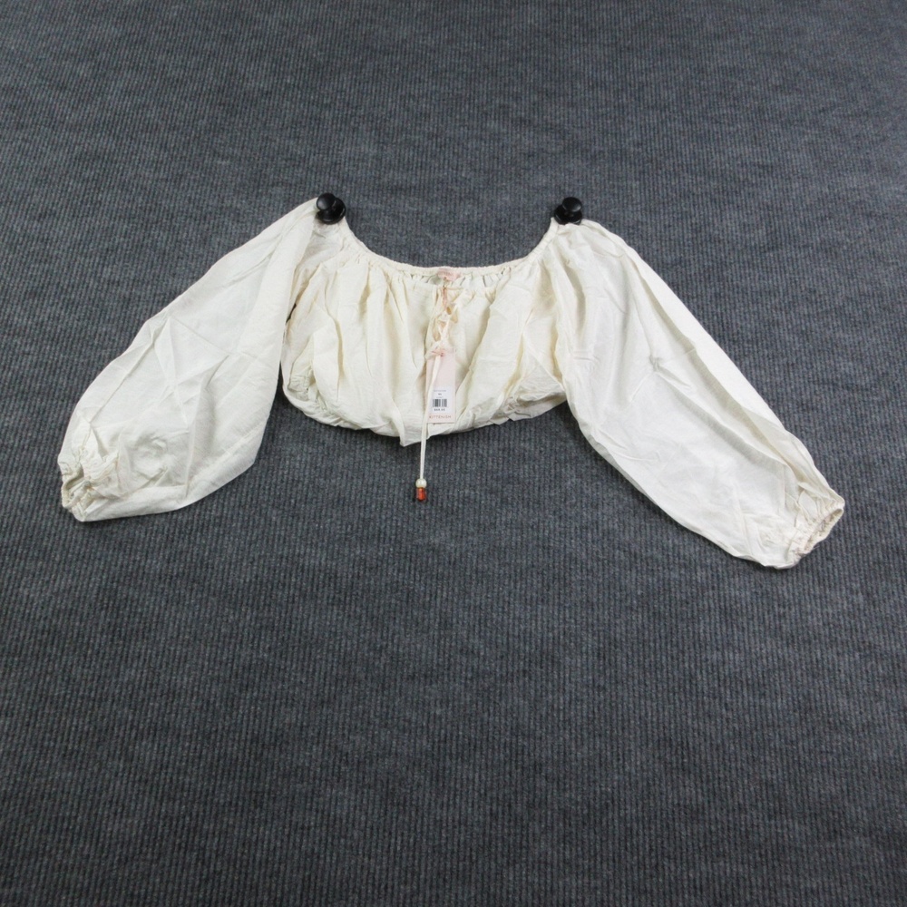 KITTENISH Blouse Womens XS Egret Cropped Off Shoulder Balloon Sleeve Lace-Up NWT